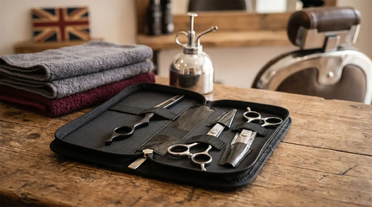 Open hairdressing scissors kit with cutting shears, combs, towels and spray bottle on a salon workstation for beginner stylists.